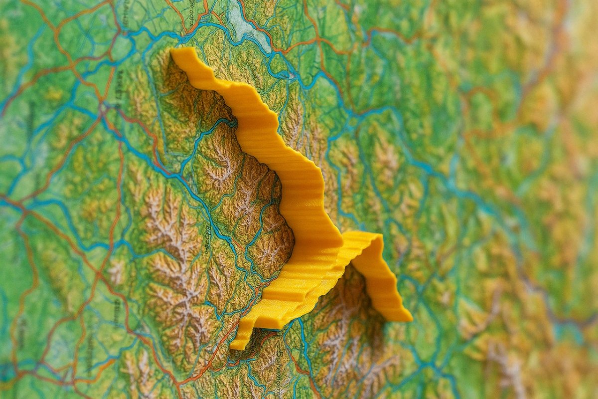3D-Modell einer GPX-Route auf einer maßstabsgetreuen Karte