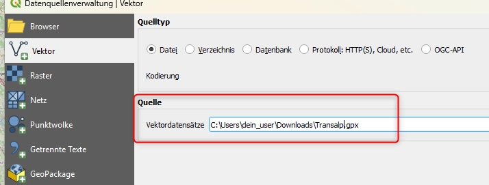 QGIS: GPX-Datei als Vektorlayer auswählen