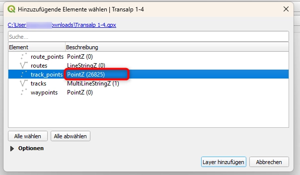 QGIS: Zeile mit den Trackpunkten auswählen