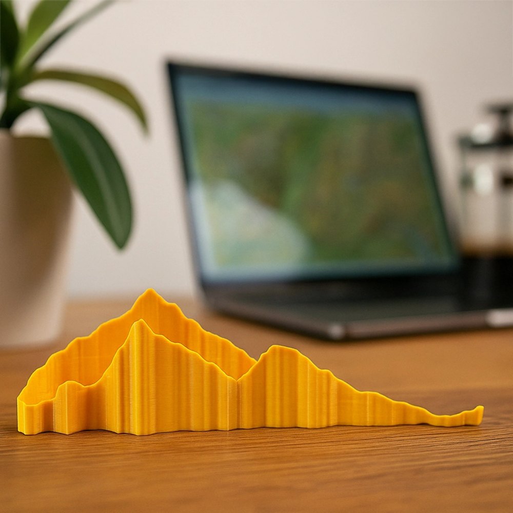 Eine Hand setzt das gedruckte 3D-Relief einer Route auf eine Landkarte