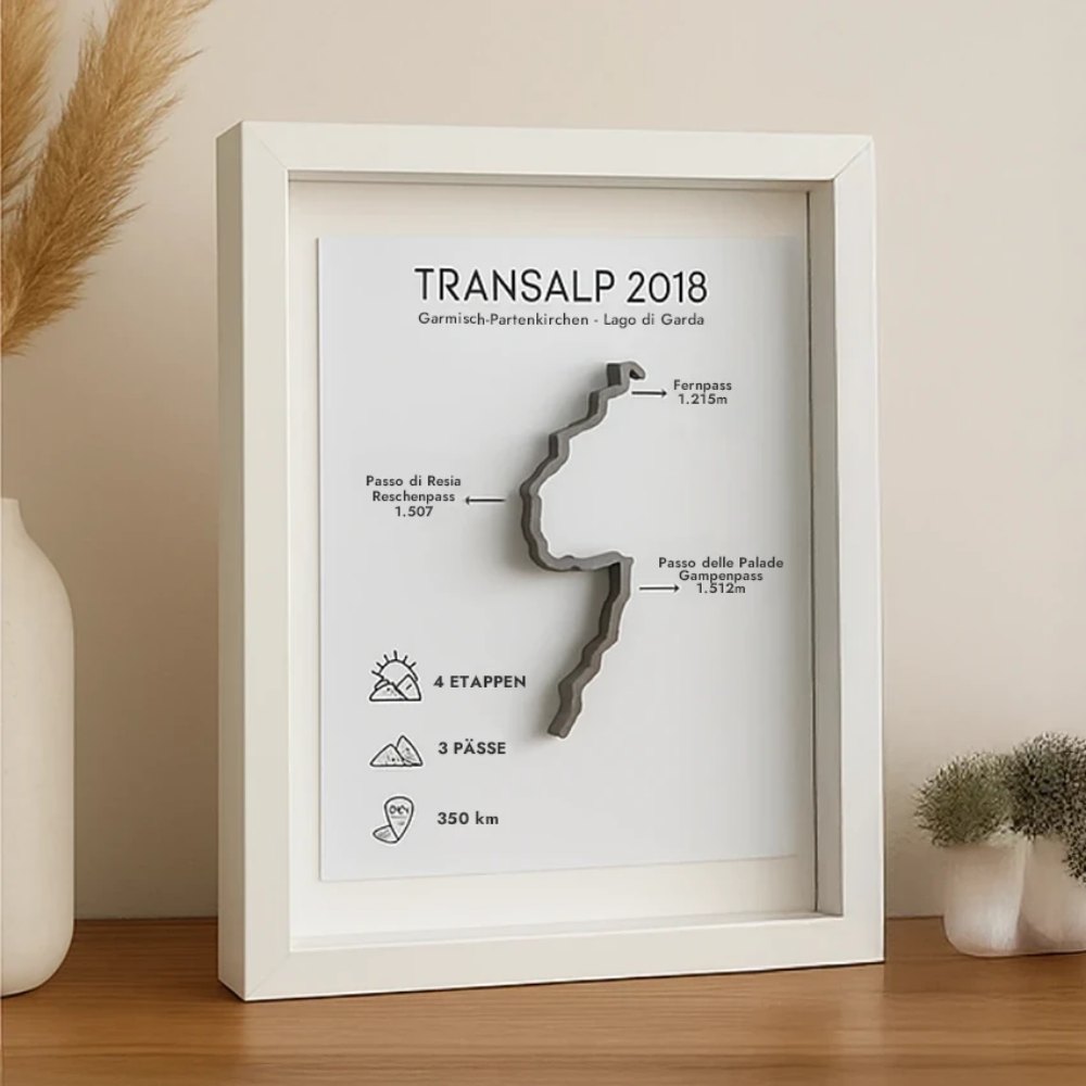 Transalp-Route als 3D-Relief in einem edlen weißen Rahmen